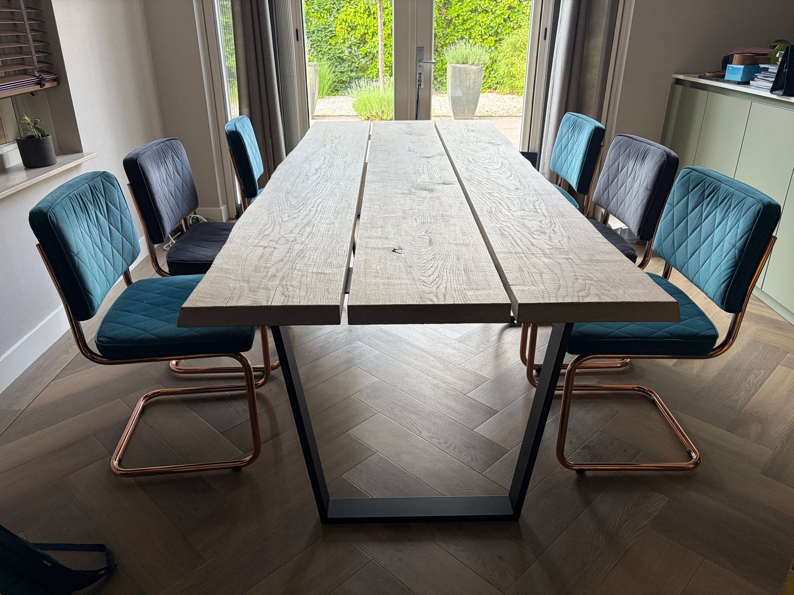 Houten eetkamer vergrijsde boomstamtafel 240*100, Huis en Inrichting, Ophalen, Gebruikt, 200 cm of meer, 50 tot 100 cm