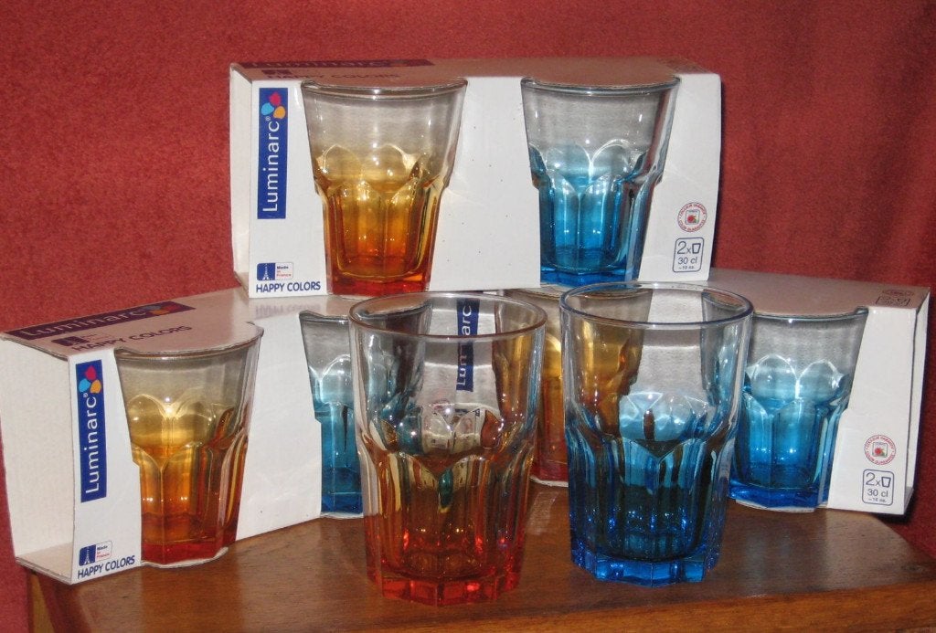 Luminarc Happy Colors glazen in oranje en blauw., Glas of Glazen, Verzenden, Nieuw, Glas