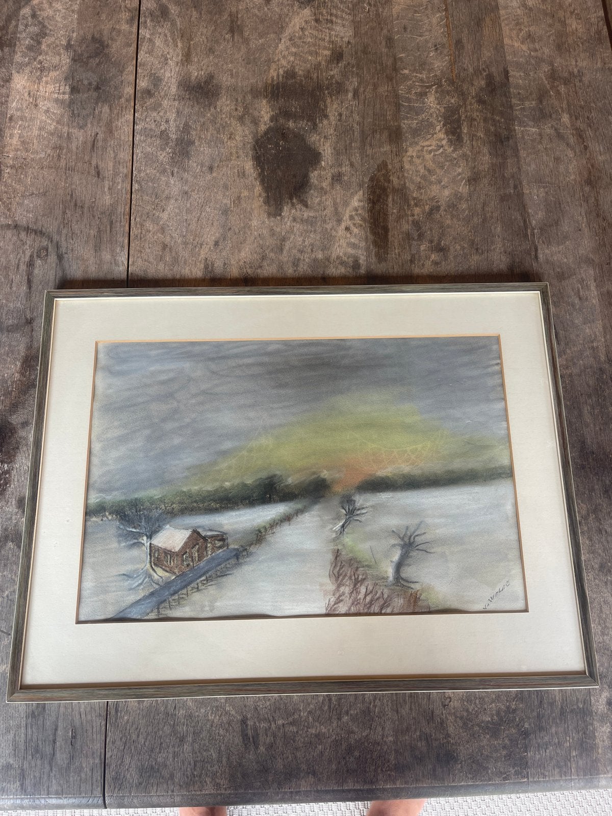 Schilderij met huisje in landschap, ingelijst, Ophalen, Realistisch, Landschap, Aquarel
