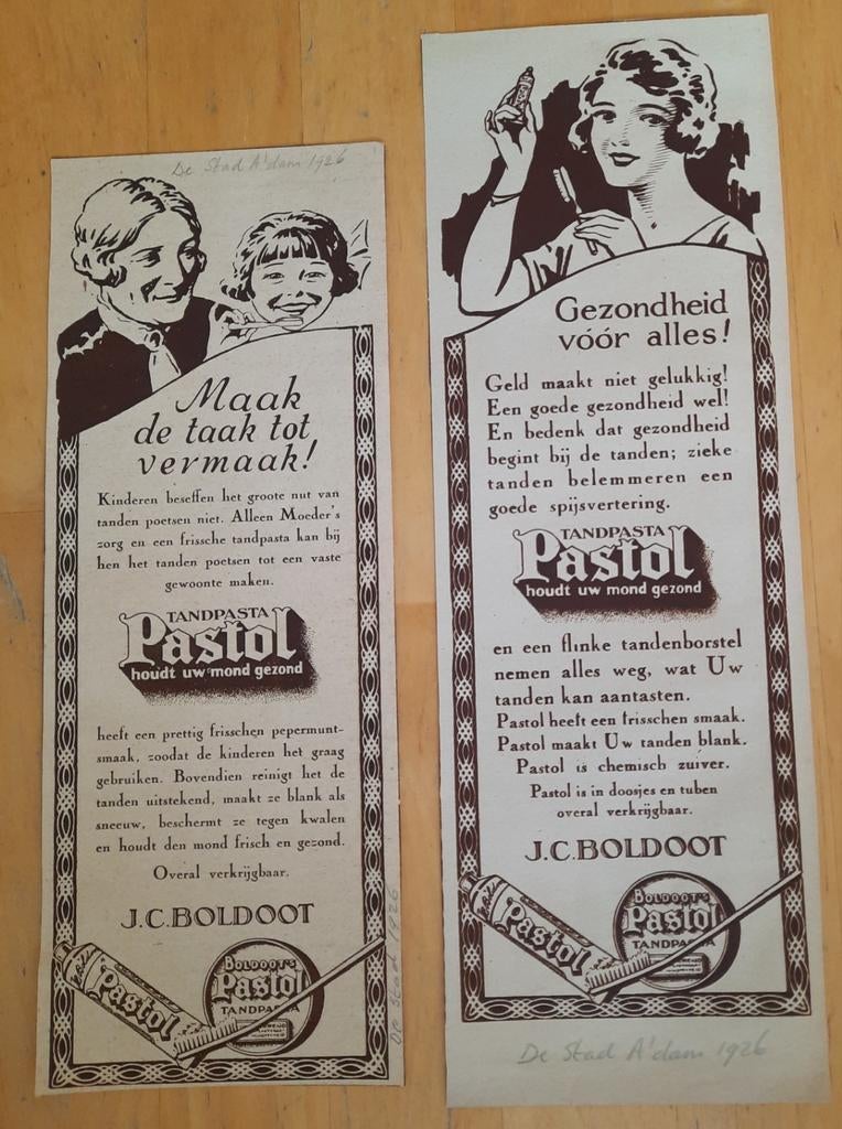 BOLDOOT PASTOL TANDPASTA - 2 ADVERTENTIES - 1926, Verzamelen, Ophalen of Verzenden, 1920 tot 1940, Knipsel(s)