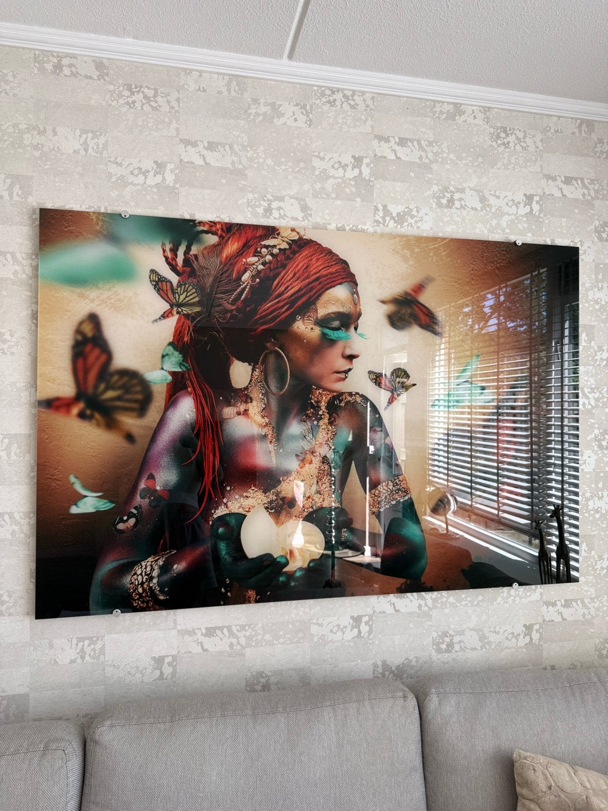 Grote wanddecoratie Lady Butterfly op plexiglas 153 x 101 cm, Ophalen, 125 cm of meer, 75 – 100, Print