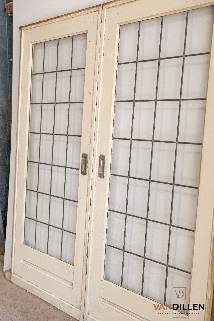 Oude ensuite schuifdeuren blank geblokt glas in lood, Doe-het-zelf en Verbouw, Deuren en Horren, Gebruikt, 120 cm of meer, Binnendeur