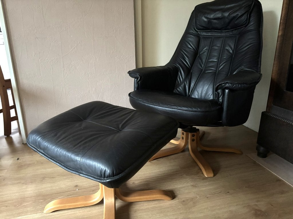 Leren fautteuil donker blauw, Ophalen, Gebruikt, Minder dan 75 cm, 50 tot 75 cm