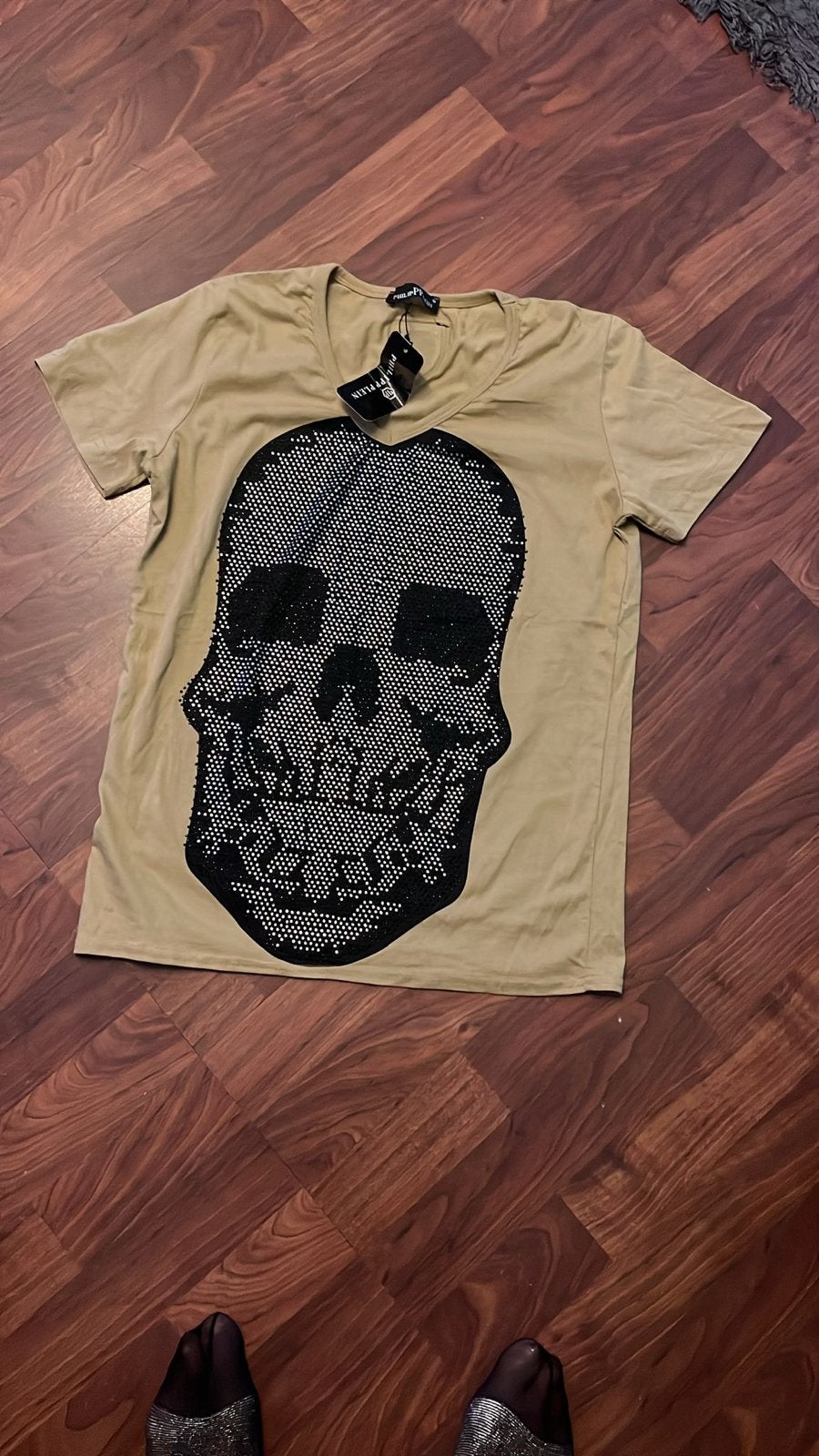 Stoer T-shirt met doodshoofd van strass, maat S, Beige, Nieuw, Ophalen of Verzenden, Korte mouw