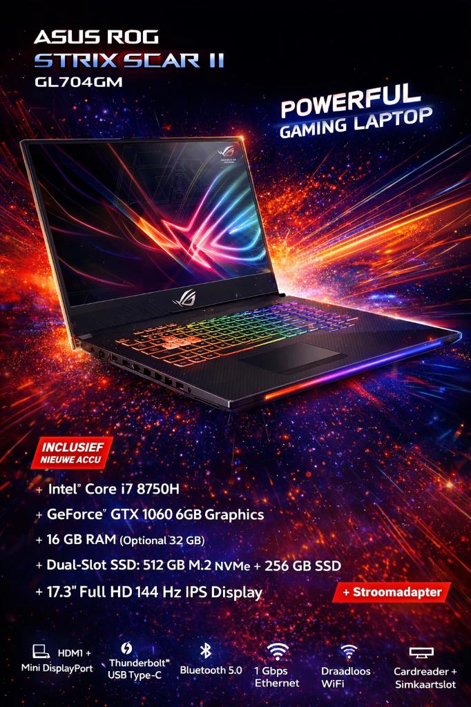 Snel Krachtig 17.3 Inch ASUS ROG Strix Scar II+GTX 1060 6 Gb, Met videokaart, Qwerty, Intel® Core™ i7 , Ophalen of Verzenden