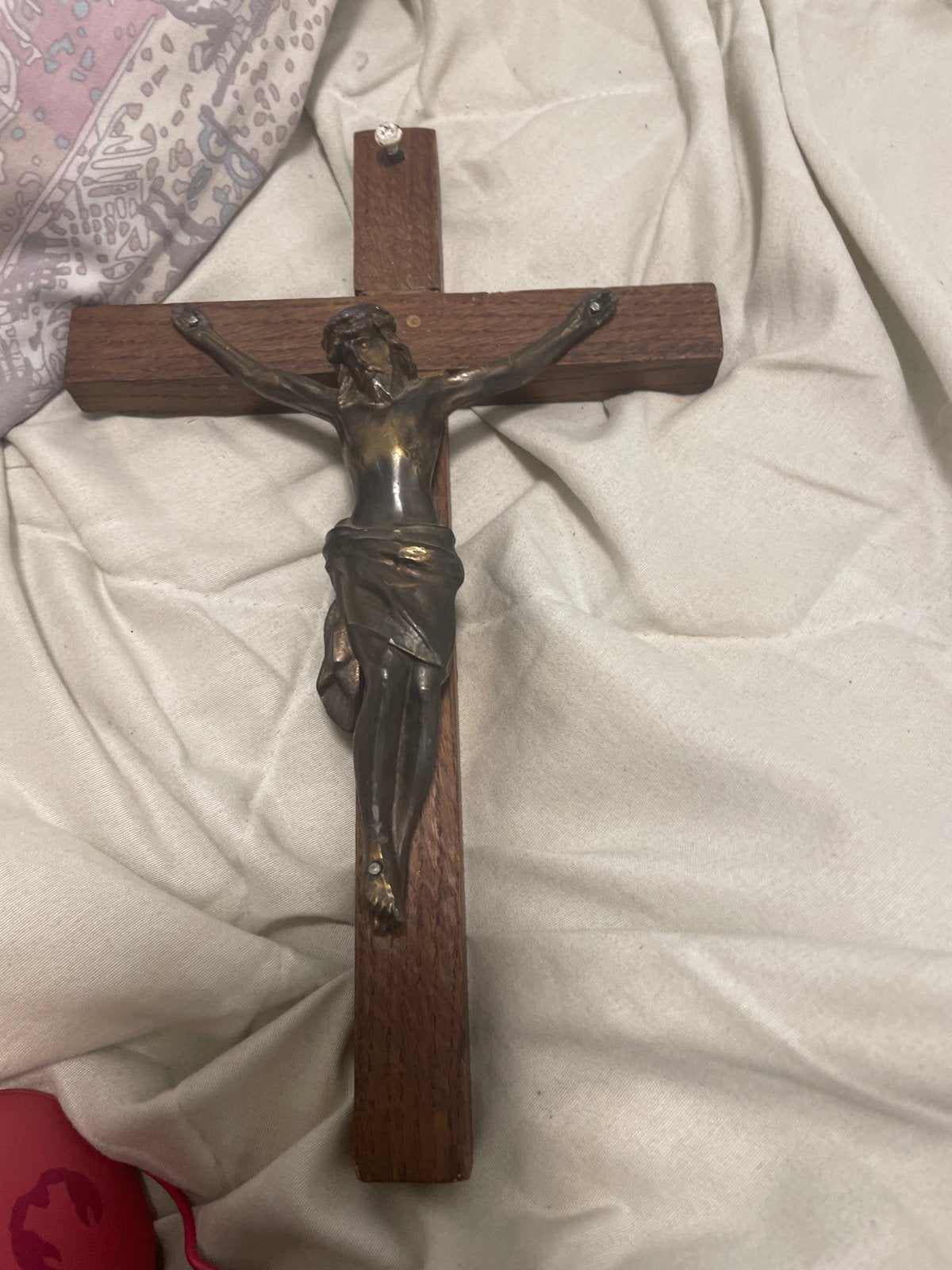Vintage houten kruisbeeld met bronzen Christusfiguur, Antiek en Kunst, Ophalen