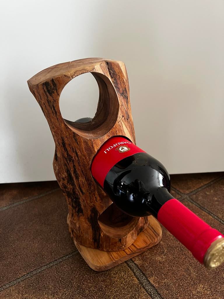 Unieke houten wijnfleshouder - Olijfhout, 50 tot 75 cm, Ophalen of Verzenden, Zo goed als nieuw, Minder dan 5 flessen