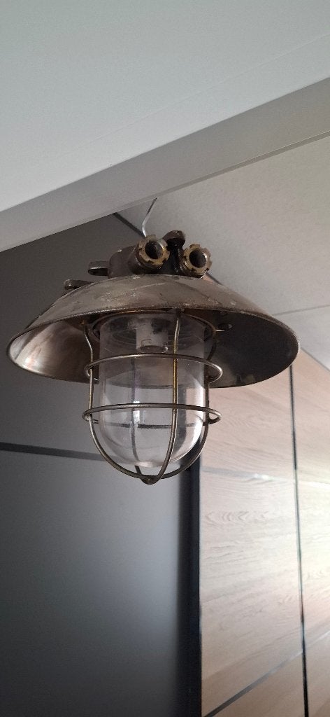 Vintage Marinelamp Hanglamp Messing, Schotelkap, Ex US Army, Ophalen of Verzenden