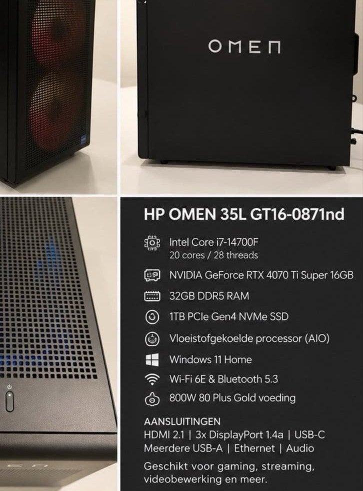 HP OMEN 35L GT16-0871nd Gaming PC - i7-14700F, RTX 4070 Ti, 32 GB, Ophalen of Verzenden, Zo goed als nieuw, Gaming