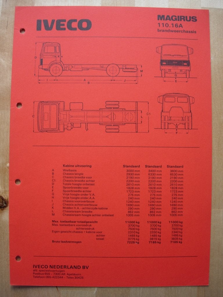 Iveco Magirus 110.16A Brandweer Specificatie folder 1983, Iveco, Ophalen of Verzenden, Zo goed als nieuw, Overige merken