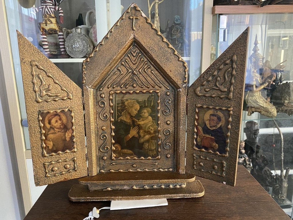 2 Vintage Florentijnse drieluik iconen, Ophalen of Verzenden