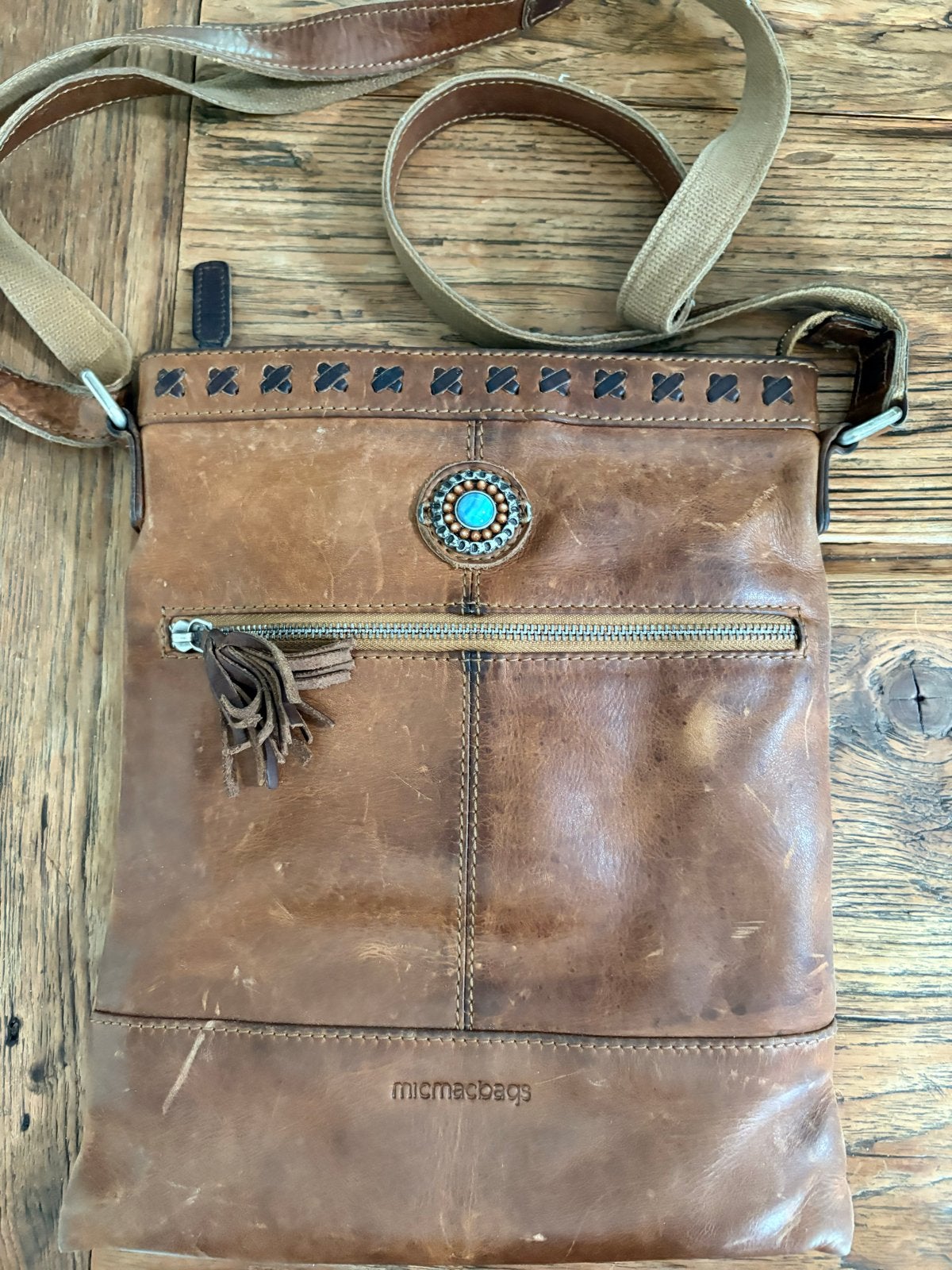 Micmacbags Leren Schoudertasje met Turquoise Detail, Ophalen of Verzenden, Gebruikt, Bruin, Schoudertasje