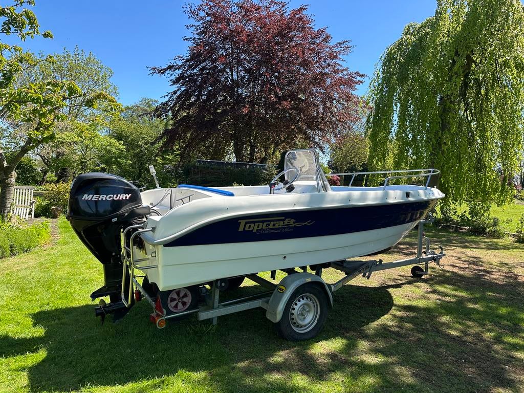 TopCraft 445 inclusief 25 PK Mercury, Trailer & Zonnebed, Ophalen, 4 m, Buitenboordmotor, Zo goed als nieuw