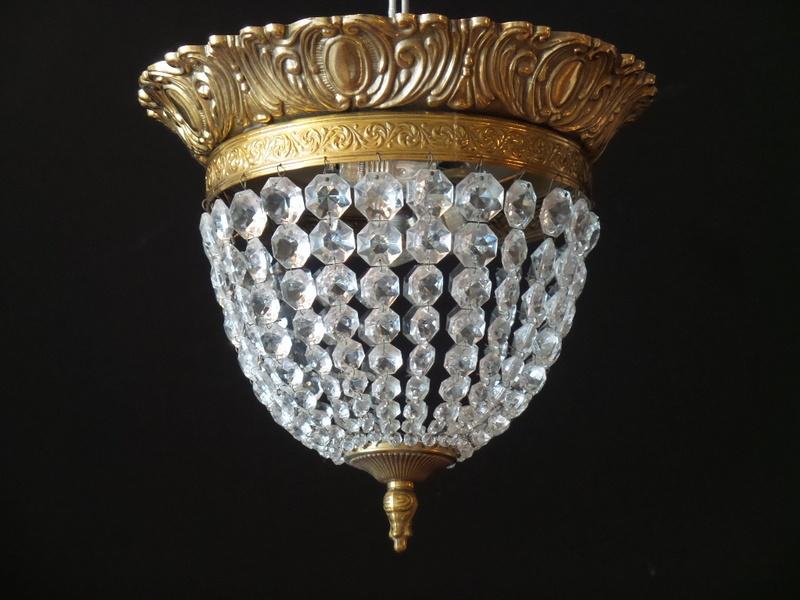 Kristallen oude plafonniere heeft een  verguld messing frame, Antiek en Kunst, Antiek | Lampen, Ophalen of Verzenden
