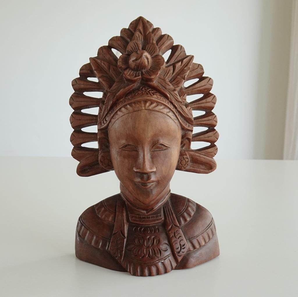 Vintage Handgesneden Houten Buste uit Bali, Indonesië, Antiek en Kunst, Ophalen