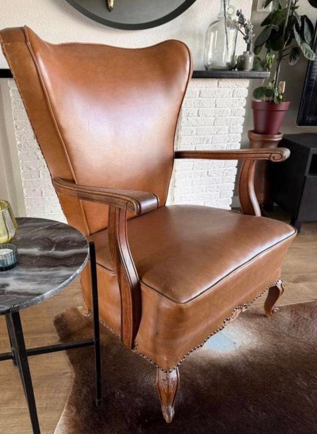 Vintage fauteuil cognac leer, Ophalen, Gebruikt