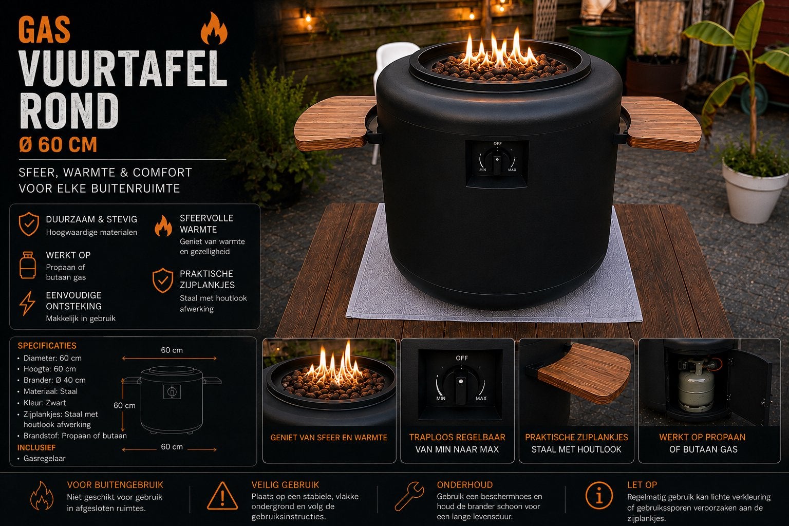 Ronde gas vuurtafel / terrashaard Ø60 cm – Zwart, Ophalen, Zo goed als nieuw