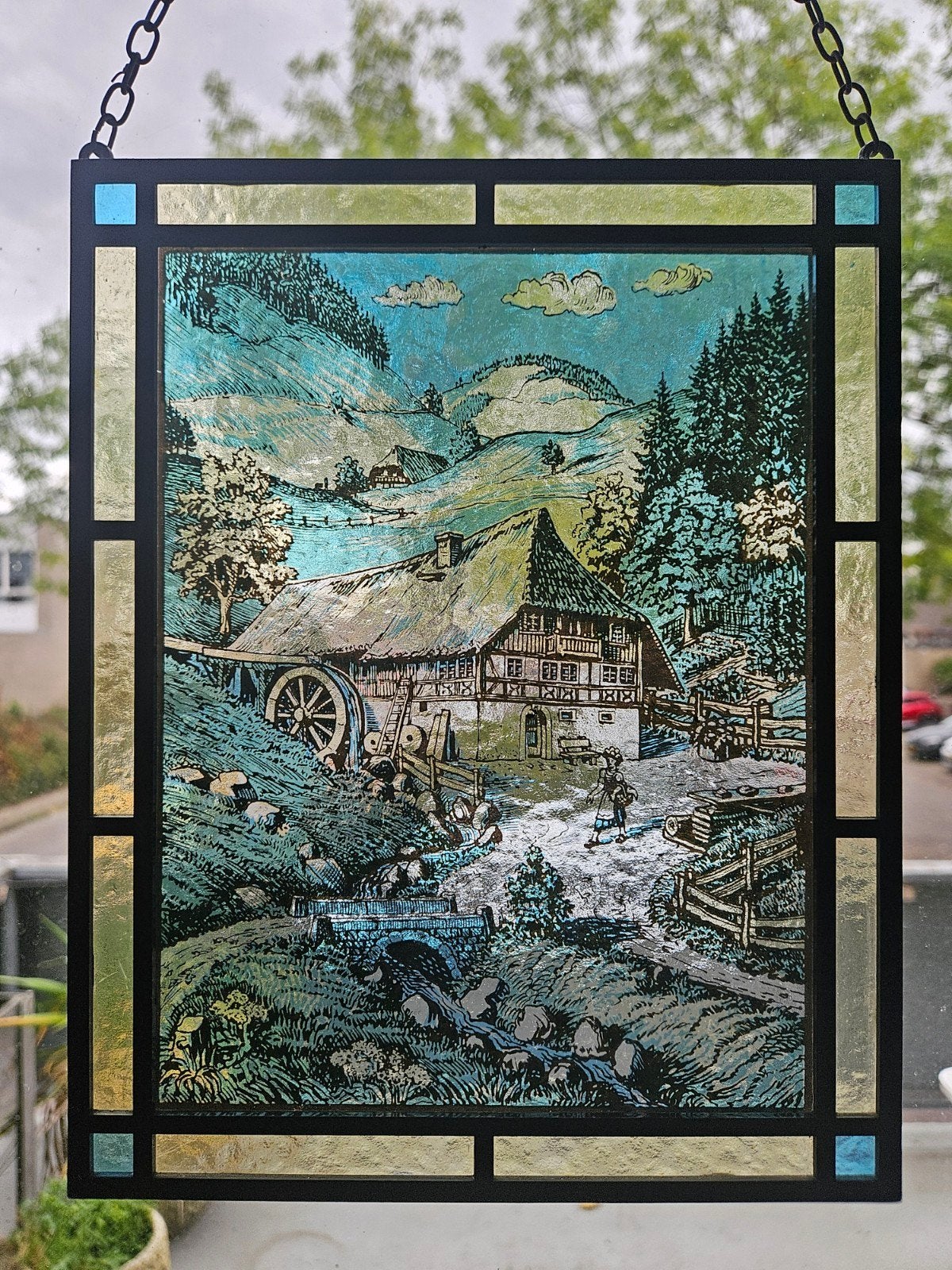 Glas-in-lood raamhanger met landschap, Antiek en Kunst, Ophalen of Verzenden