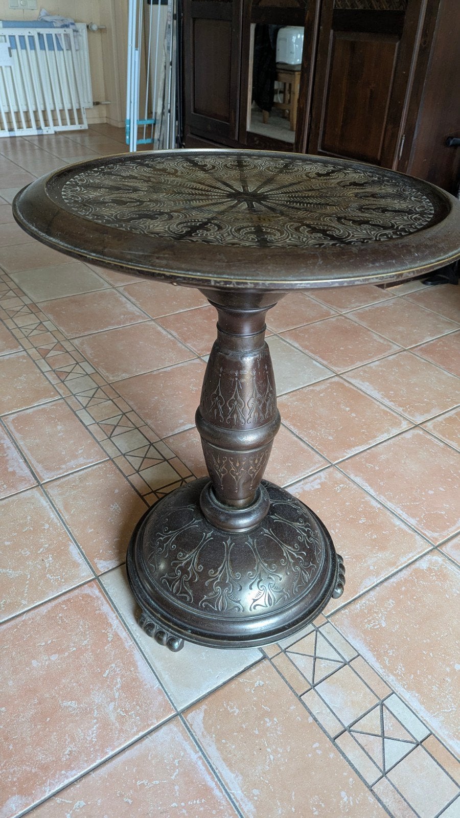 Oosterse Koperen/Messing Bijzettafel met Patina, Ophalen