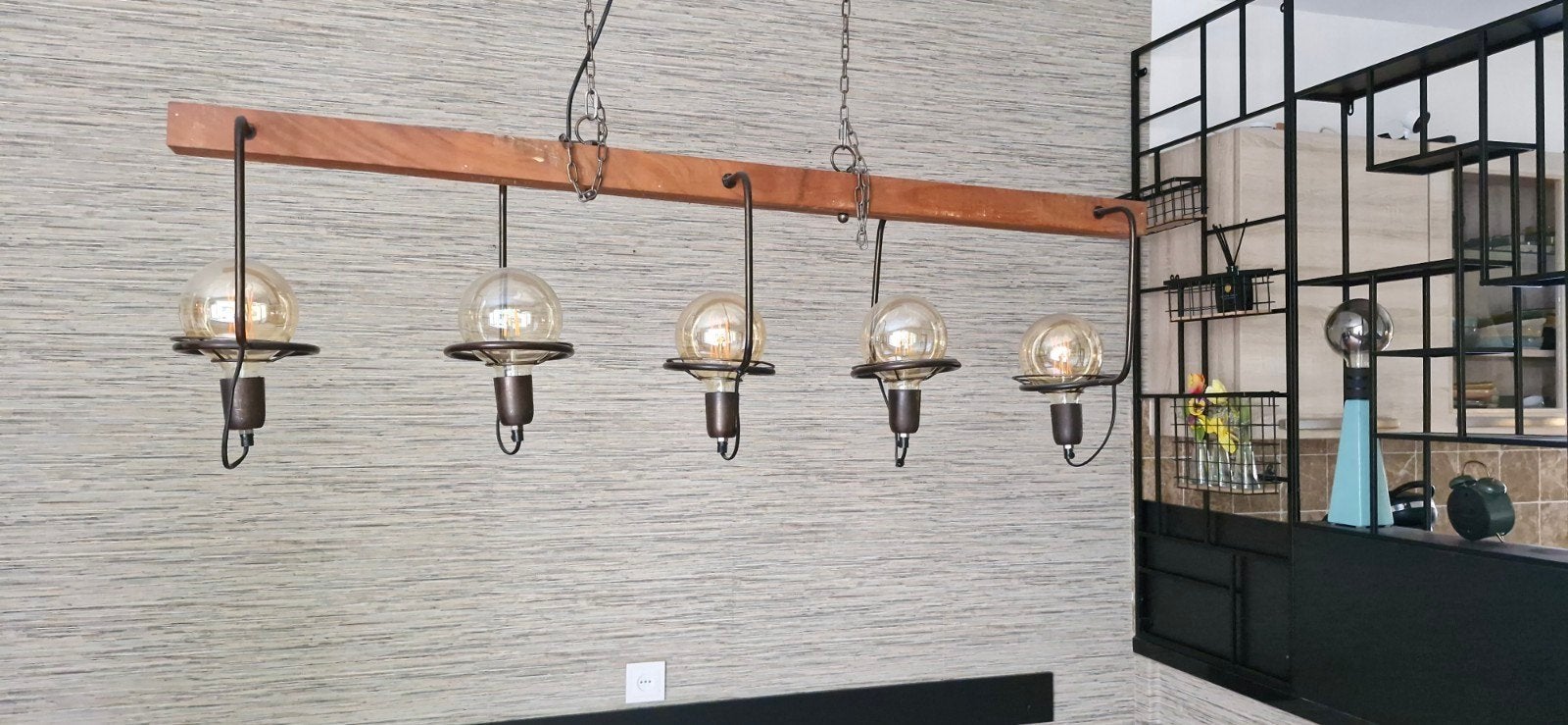 Industriële hanglamp met 5 lampen op rij (incl. lampen), Ophalen, Gebruikt, 50 tot 75 cm, Industrieel