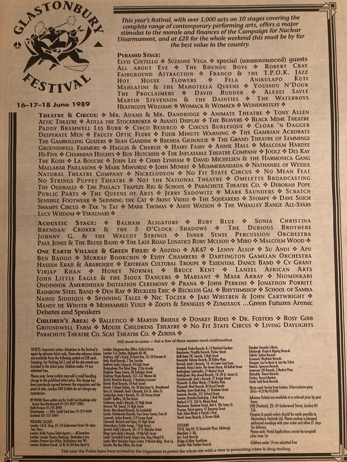 GLASTONBURY Festival 1989 A3 advertentie WATERBOYS, Ophalen of Verzenden