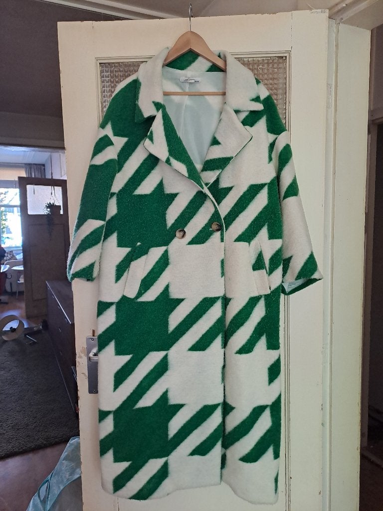 Groen-witte jas met pied-de-poule patroon, Kleding | Dames, Jassen | Zomer, Ophalen, Maat 46/48 (XL) of groter, Amblika, Gedragen