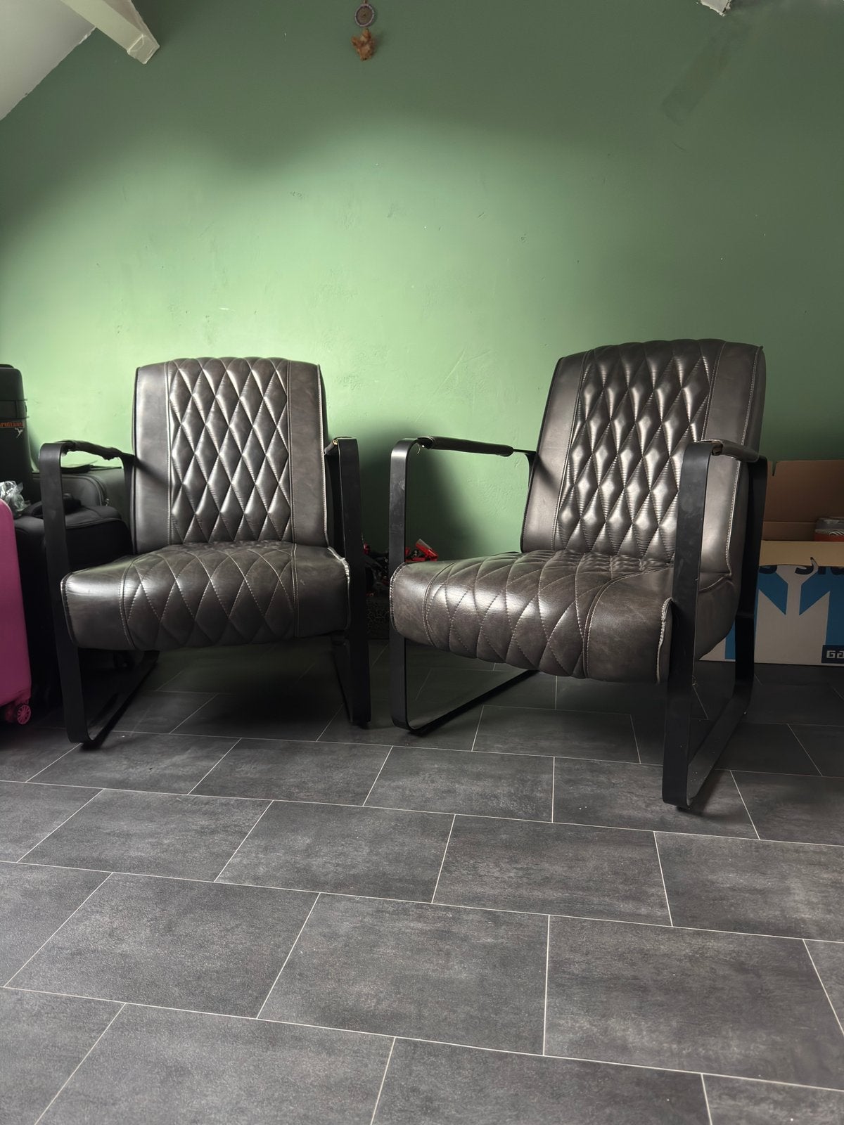 2x fauteuils industrieel, Ophalen, Gebruikt, Leer, Minder dan 75 cm