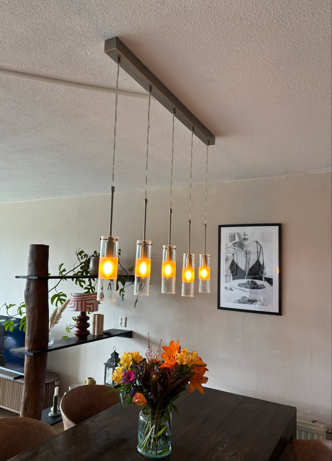 Eettafel hanglamp met 5 glazen cilinders, Ophalen, Gebruikt, Glas, Overige fittingen