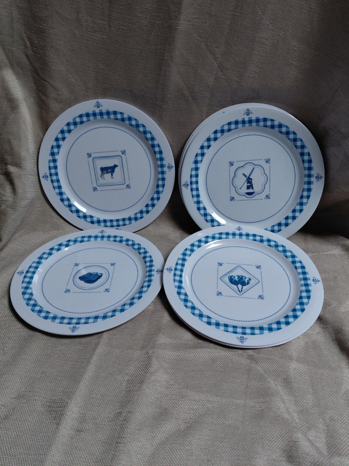 Delftsblauwe kunststof borden met Hollandse motieven (8 st.), Kunststof, Gebruikt, Overige merken, Ophalen of Verzenden