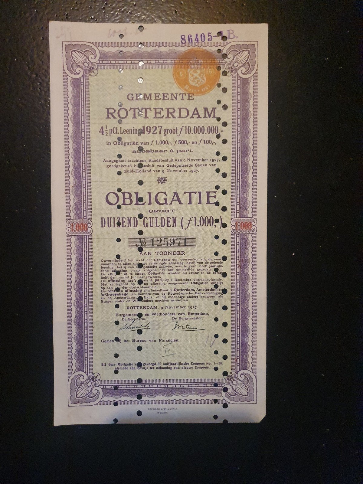 Historische Obligatie Gemeente Rotterdam 1927, Ophalen of Verzenden