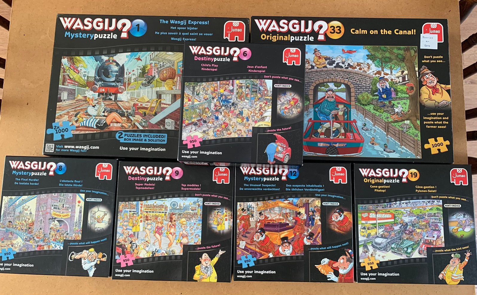 7 complete WASGIJ puzzels, Ophalen of Verzenden, 500 t/m 1500 stukjes, Zo goed als nieuw, Legpuzzel