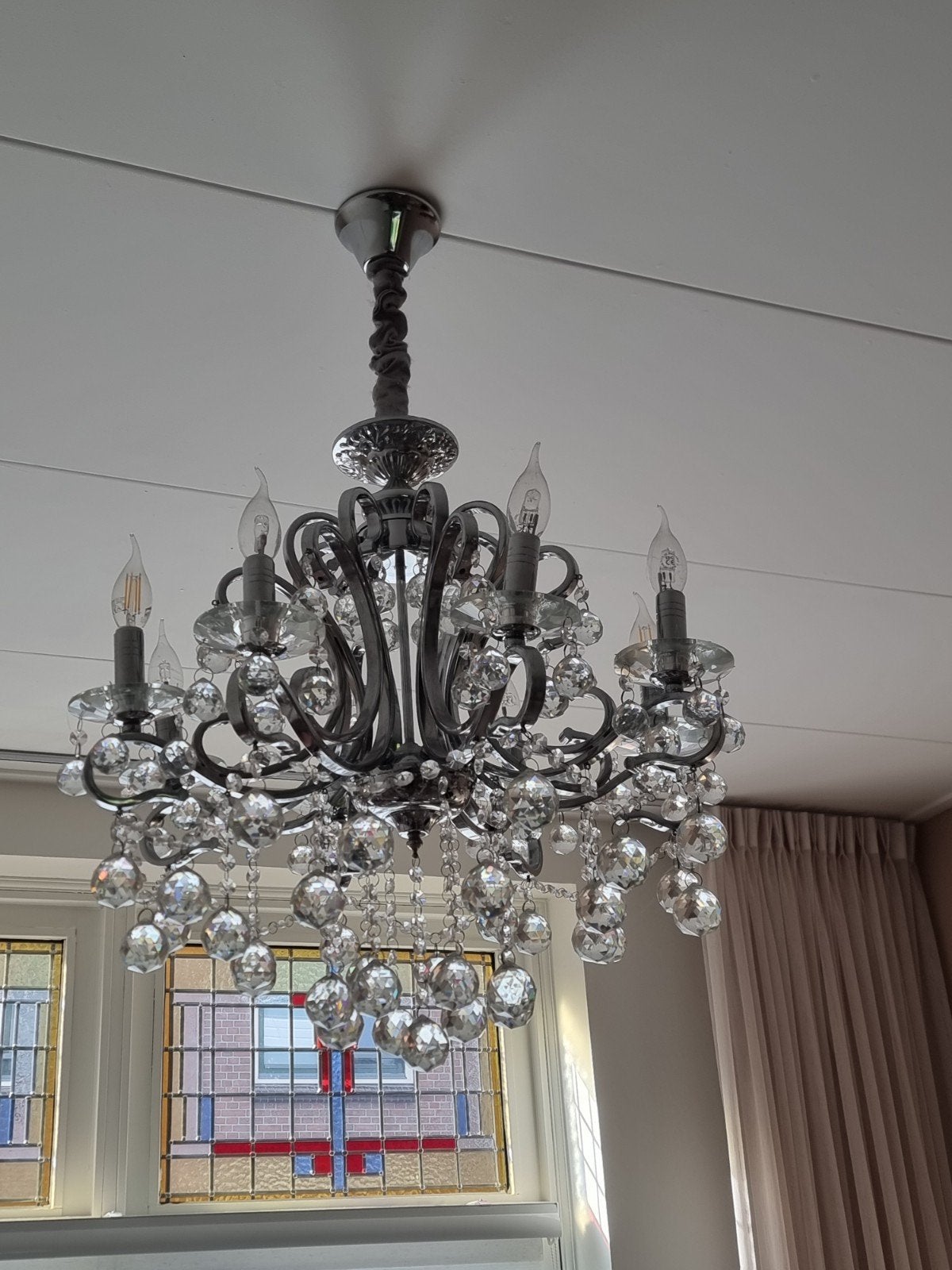 Elegante Kroonluchter met Kristallen Hangers, Ophalen of Verzenden, Zo goed als nieuw, Glas, Klassiek, Glamour, Modern