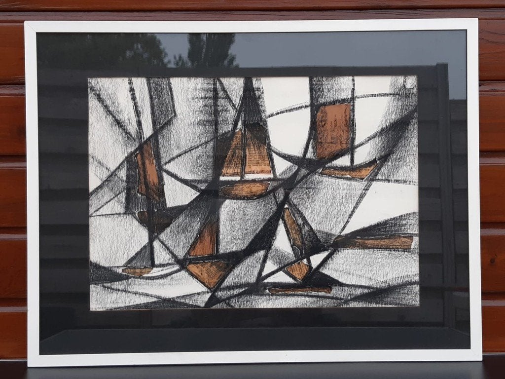 Abstracte zeilboten klein kunstwerk in lijst, Huis en Inrichting, Ophalen, 50 – 75, Gebruikt, Schilderij
