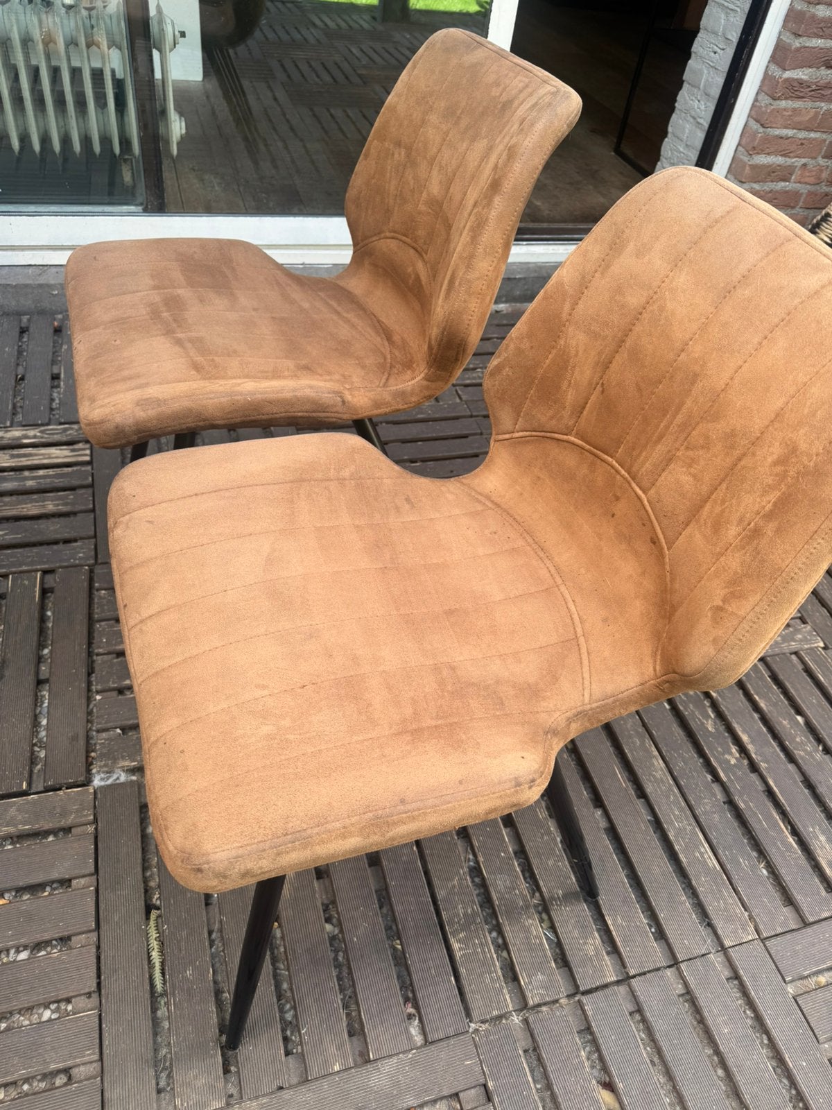 6 cognac kleurige eetkamerstoelen, Ophalen, Gebruikt, Bruin, Stof
