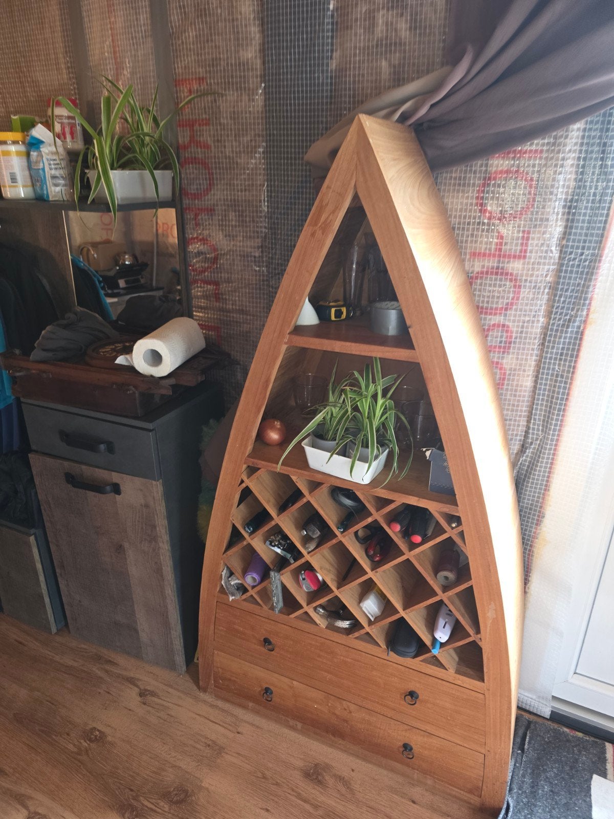 Exclusieve Teak Wijnkast in Bootvorm - Uniek Design, 15 tot 25 flessen, Ophalen of Verzenden, Zo goed als nieuw, 75 – 100