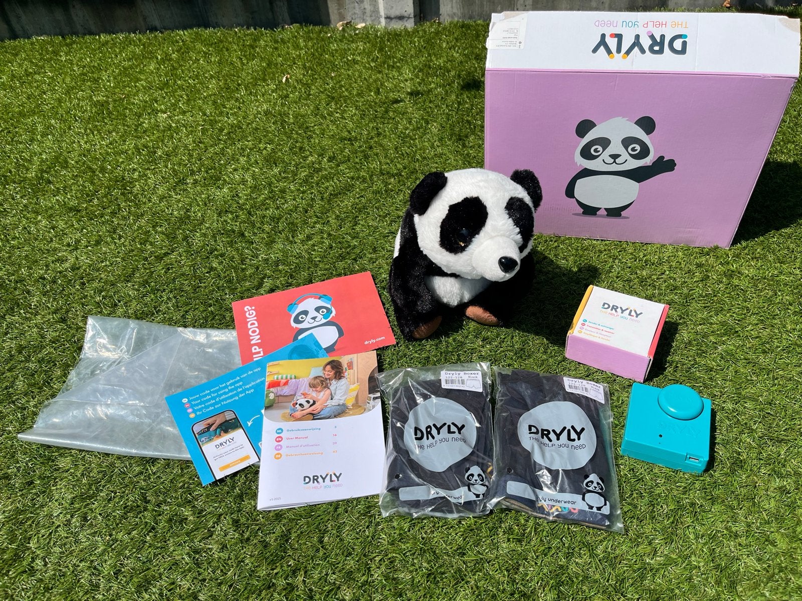 Dryly plaswekker+tril panda knuffel, 2 boxers 122-128 zwart, Ophalen, Zo goed als nieuw