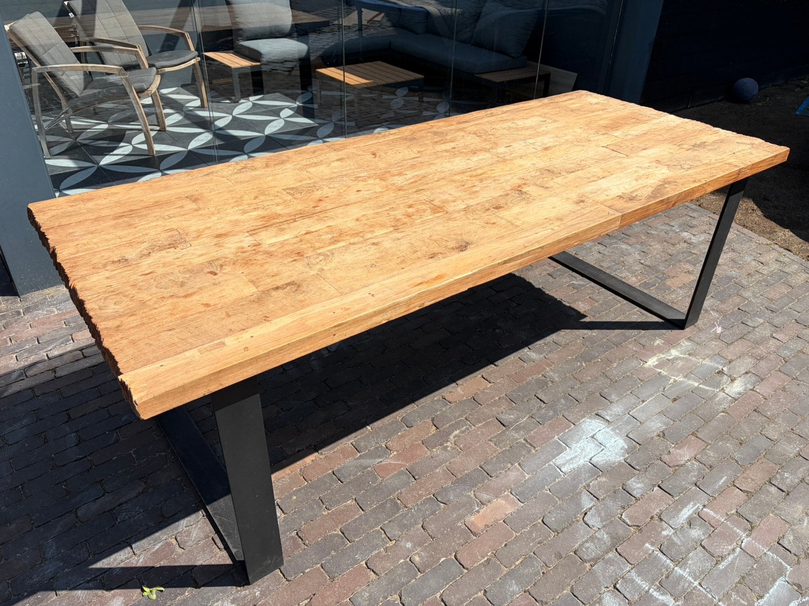 Eettafel Chunky Teak massief (240x100x77) stalen onderstel, Ophalen, Gebruikt, Teakhout, 200 cm of meer