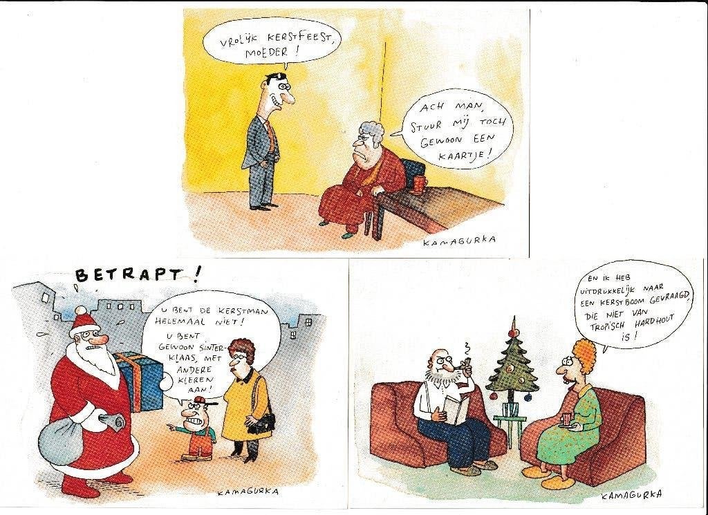 Set van 3x Cartoon Kamagurka Thema : "Vrolijk kerstfeest!", Ophalen, 1980 tot heden, Ongelopen, Cultuur en Media
