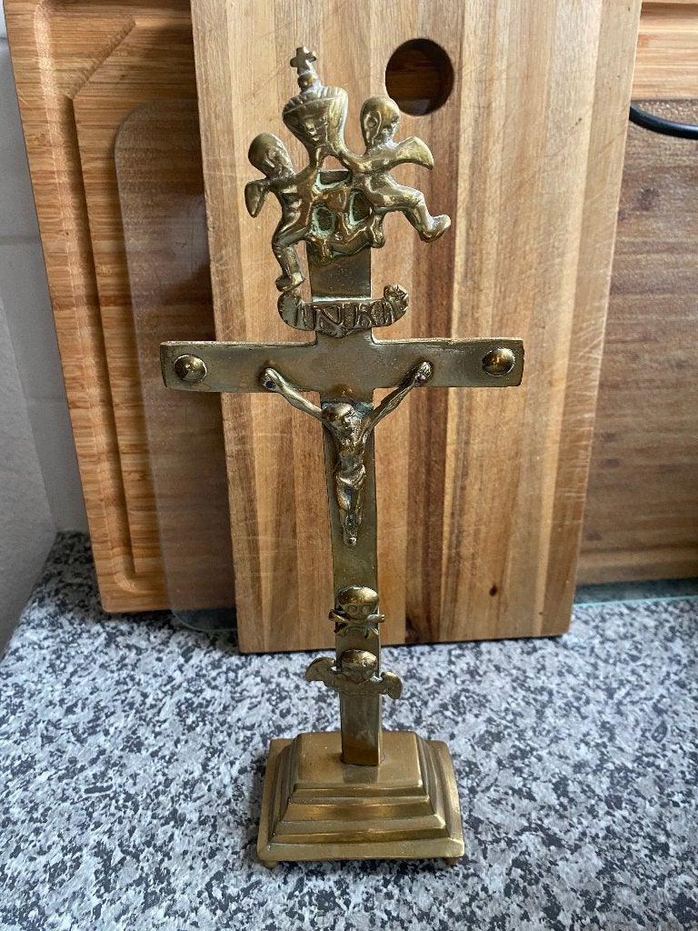 Antiek/vintage kruisbeeld- met Golgotha-schedel en engeltjes, Antiek en Kunst, Ophalen of Verzenden