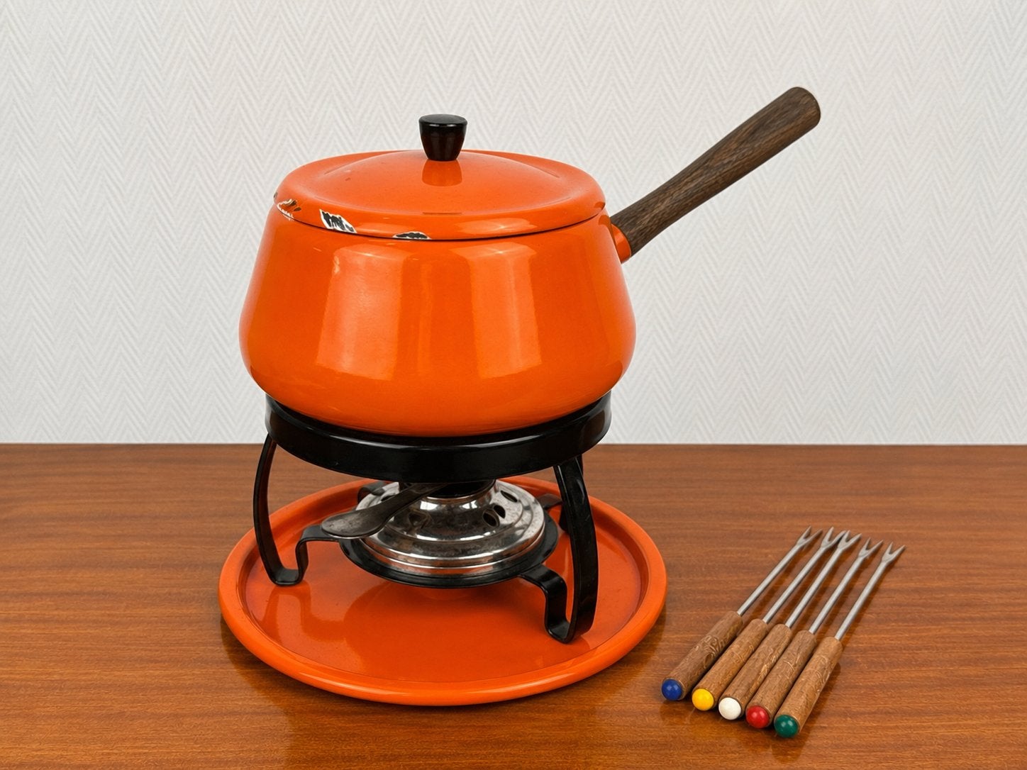 Vintage fonduepan oranje emaille jaren 70 compleet, Ophalen of Verzenden, Zo goed als nieuw, Brander, Fonduepan