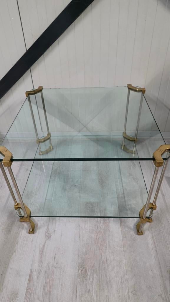 Koopje! Peter Ghyczy bijzettafel — jaren ’70 — glas & metaal, Ophalen, 50 tot 100 cm, Rond, 50 tot 100 cm