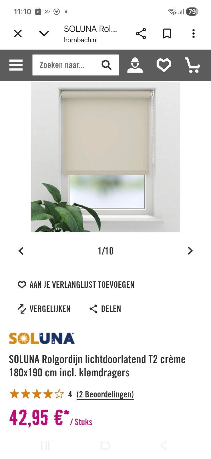 SOLUNA Rolgordijn lichtdoorlatend T2 crème 180x190 cm, Ophalen, Inclusief montageonderdelen, Nieuw, Rolgordijn