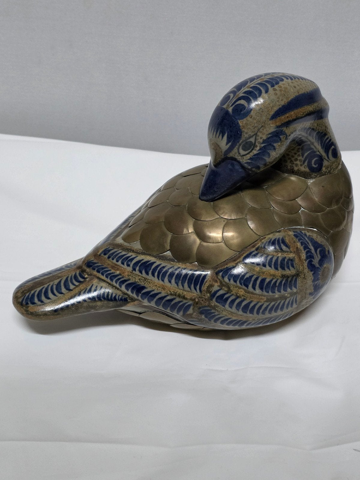 Vintage Mexicaanse Messing Eend met Blauwe Versieringen, Antiek en Kunst, Ophalen of Verzenden