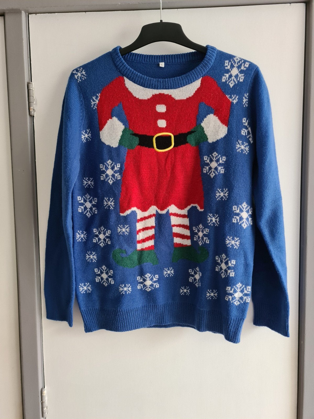 Vrolijke Blauwe Kersttrui met Grappig Elf-Design, Ophalen of Verzenden, Zo goed als nieuw, Maat 38/40 (M), Blauw