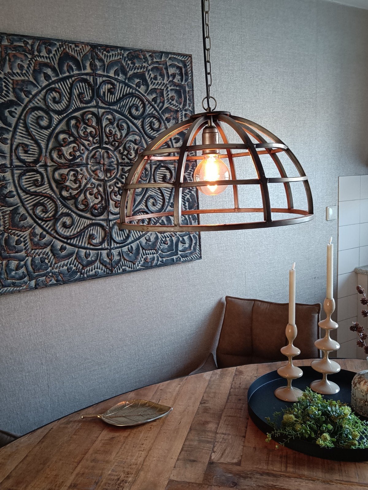 Industriële hanglamp met metalen kooi, Ophalen, E27 (groot), Zo goed als nieuw, Metaal