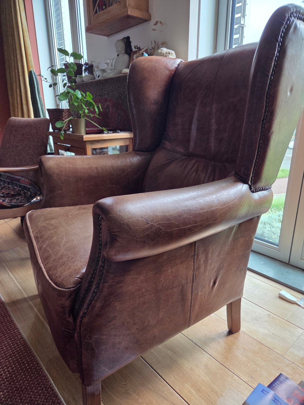 Leren Fauteuil - Comfortabele Bruine Oorfauteuil, Ophalen, Gebruikt, Bruin, Leer