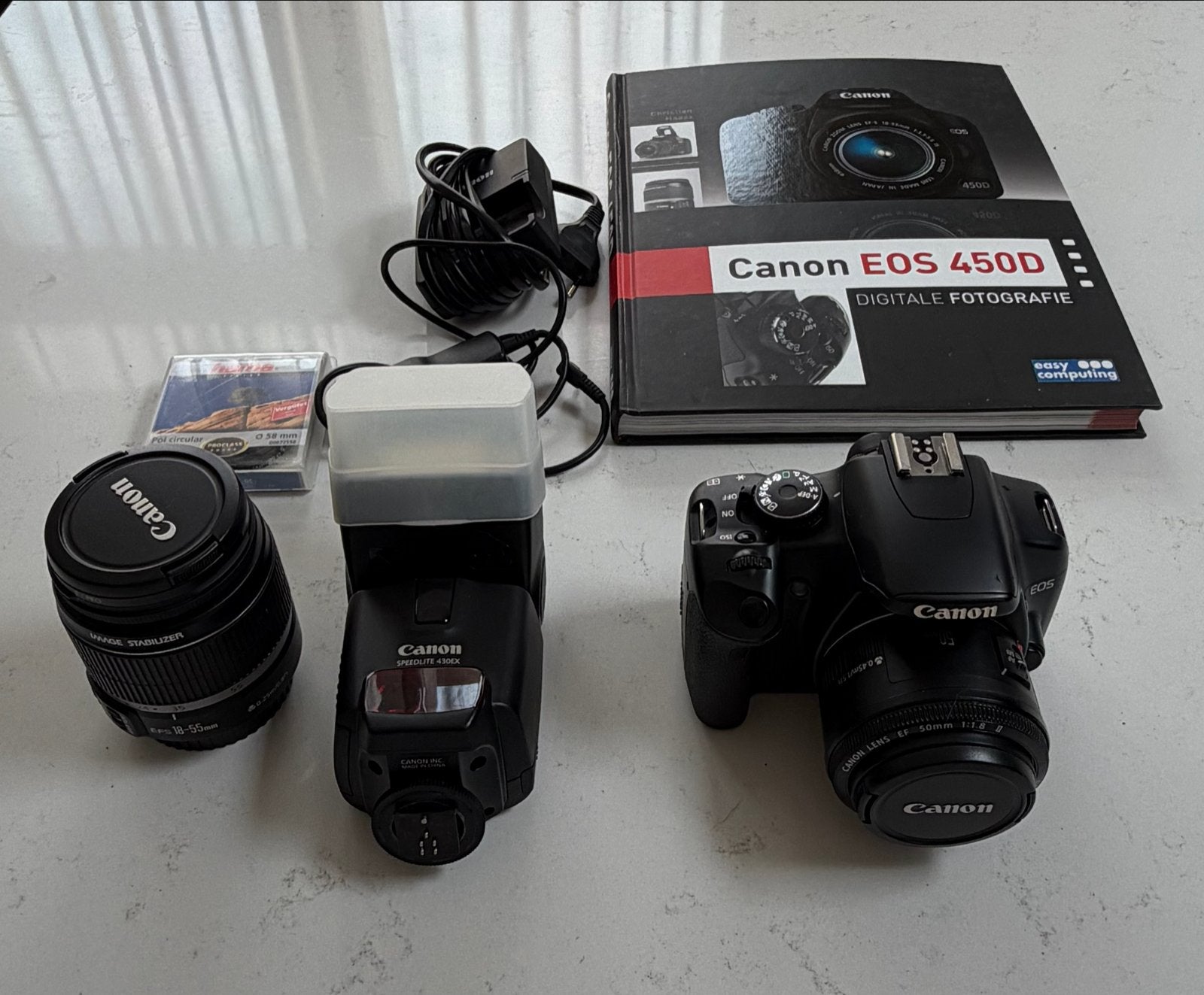 Canon EOS 450D complete set met lenzen, flitser en statief, Canon, Camera, Ophalen of Verzenden, Gebruikt