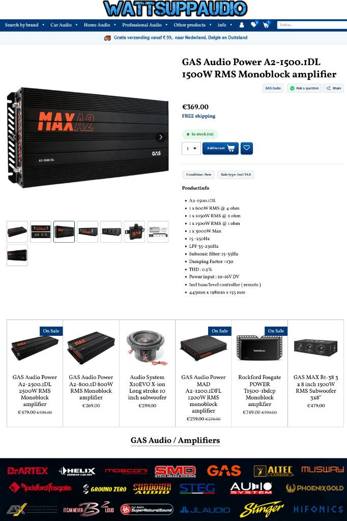 GAS Audio Power A2-1500.1DL 1500W RMS monoblok versterker, Info@optimount.nl, Nieuw, Ophalen of Verzenden, Anholtseweg 48A 7091 HB DINXPERLO
