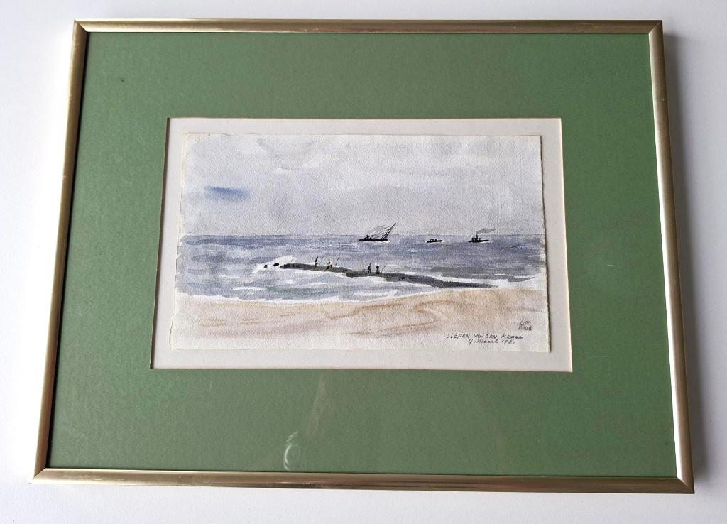 schilderijtje, aquarel zeegezicht Han Krug schepen tekening, Ophalen of Verzenden