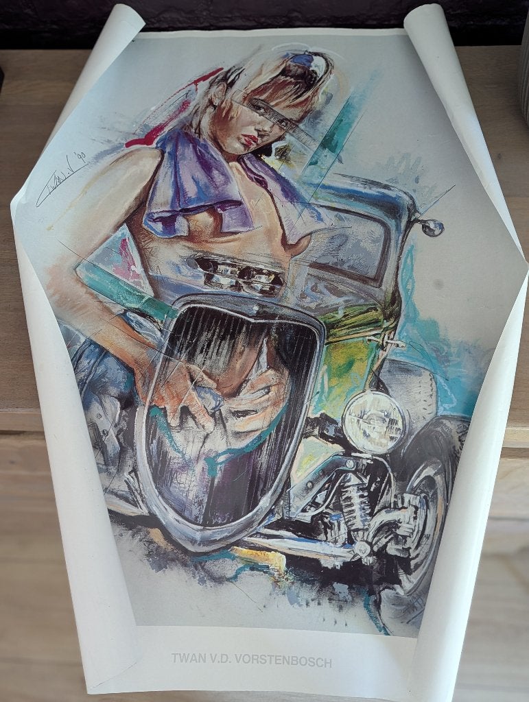 13x Twan v.d. Vorstenbosch posters, 1990, Classiccar-serie, Antiek en Kunst, Kunst | Litho's en Zeefdrukken, Zeefdruk, Sport, Gesigneerd